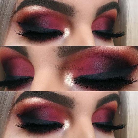 maroon and black color eyeshadow with long lashes ane curve shaped eye brows closed eyes