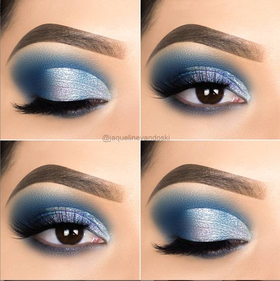 classy blue eyeshadow maskeup with shaped eyebrows and long lashes