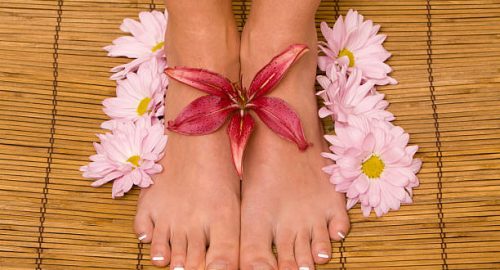 French pedicure, women pedicured feet with white nail tips and flowers aside