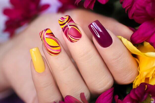 purple yellow colorful acrylic nail design
