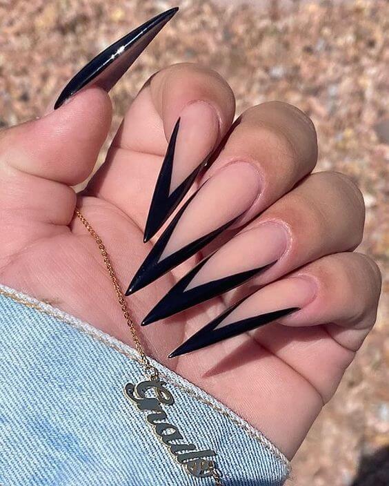 Nude stiletto long nails with black tips
