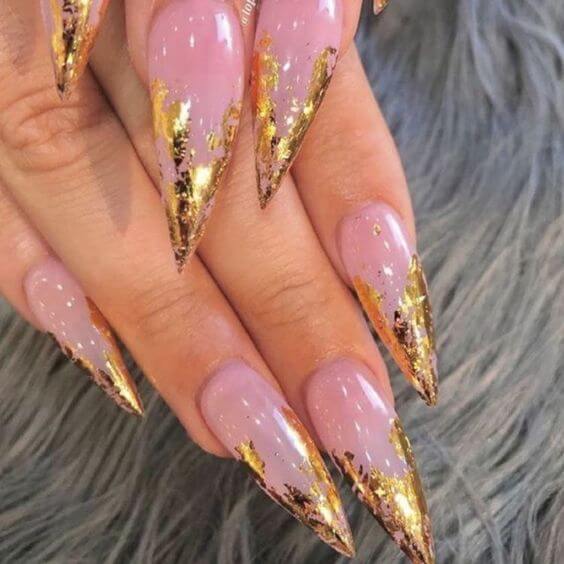 pink nude polish with golden tip flakes pointy nails