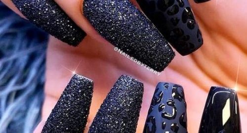 coffin shaped plain glittery and cheetah design black nails