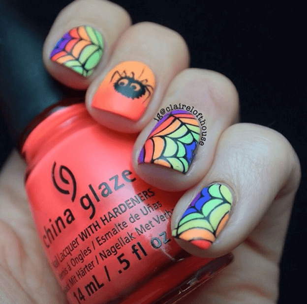 Rainbow spider web nail art