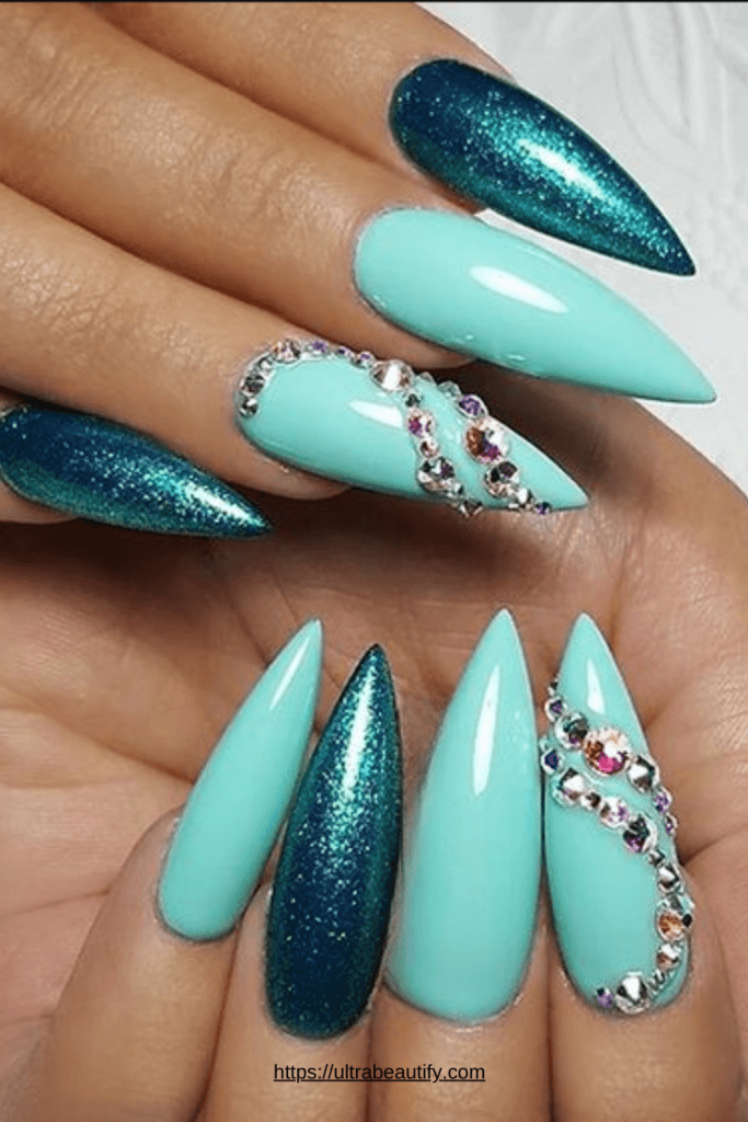 Mermaid inspired almond shaped nail design