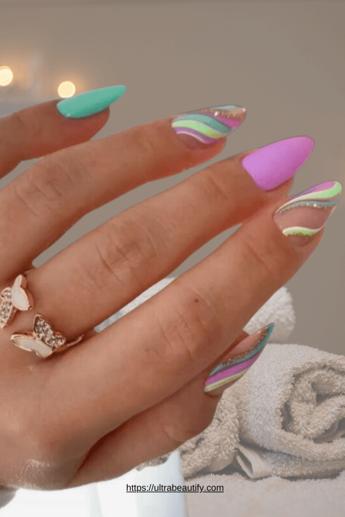 pastel neon nail art idea almond shape